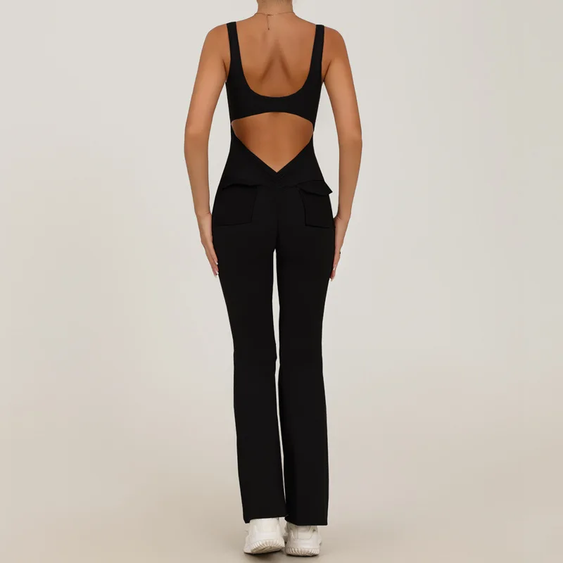 Tute da yoga senza cuciture con tasche Sport Fitness Backless Skinny svasato Abbigliamento da allenamento in un unico pezzo Body da palestra per donna