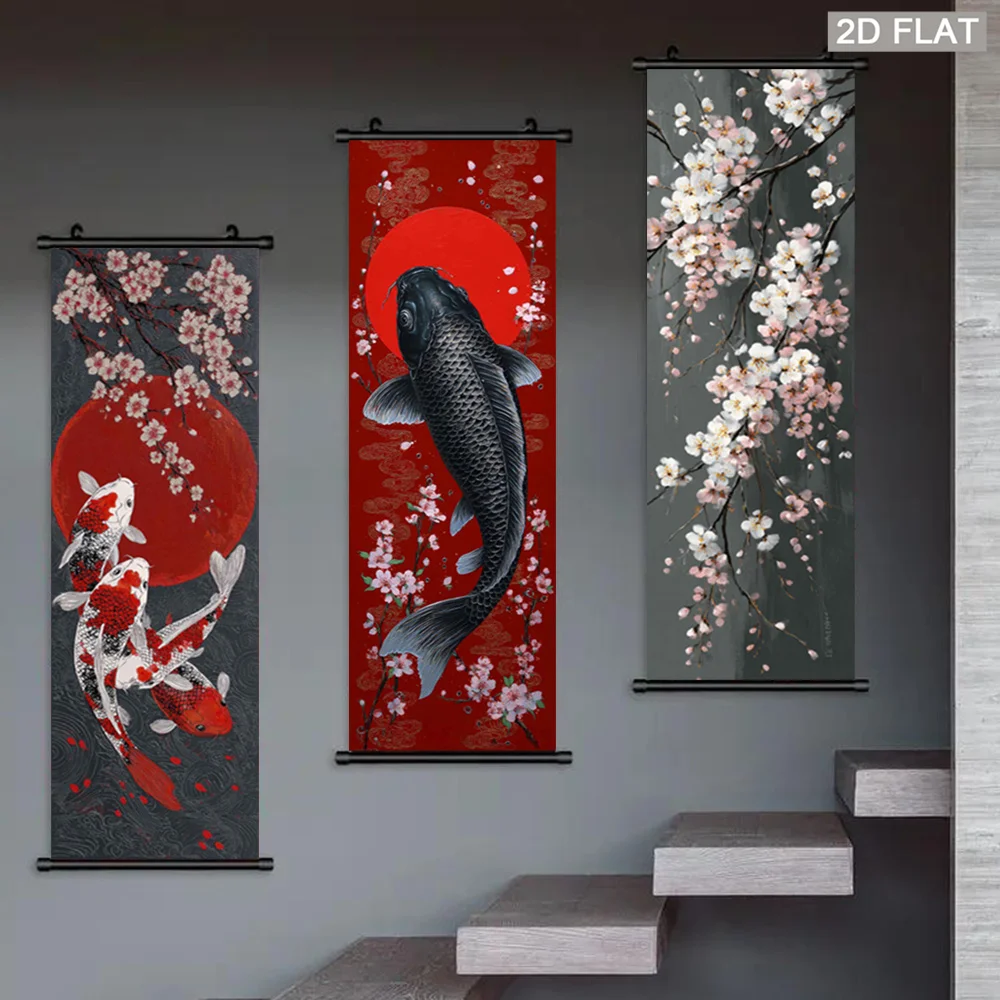 VIKAMA Koi Sakura Scroll Tapestry, Auspicious Carp Red Sun Plum Flower Poster, Wall Art for Living Room Decor