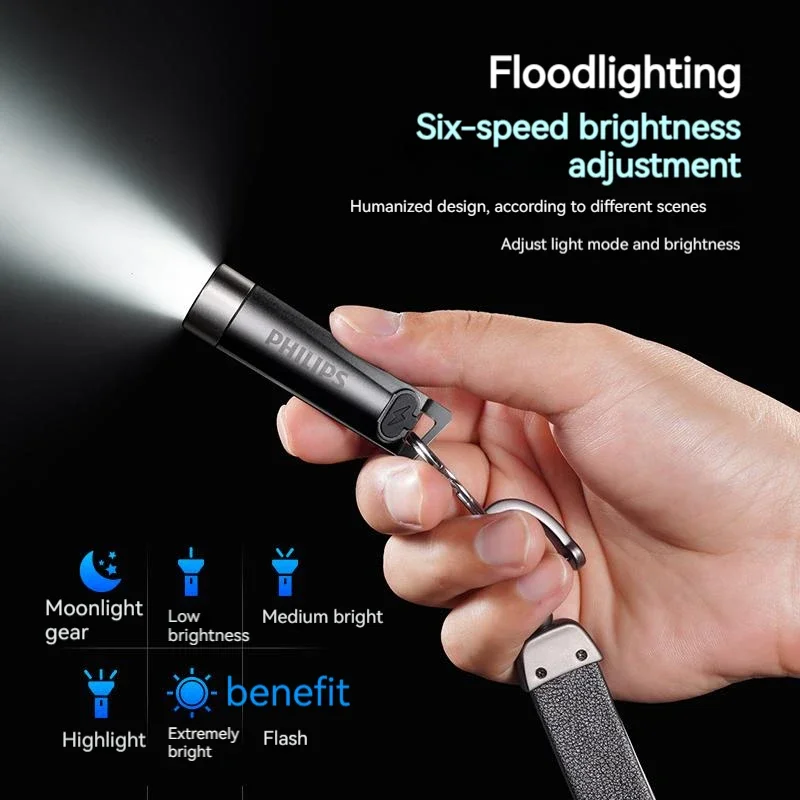 PHILIPS EDC Lanterna LED Recarregável Lâmpada Mini EDC Chaveiro Lanternas Lâmpada de Acampamento Para Caminhadas Autodefesa Tocha Luz