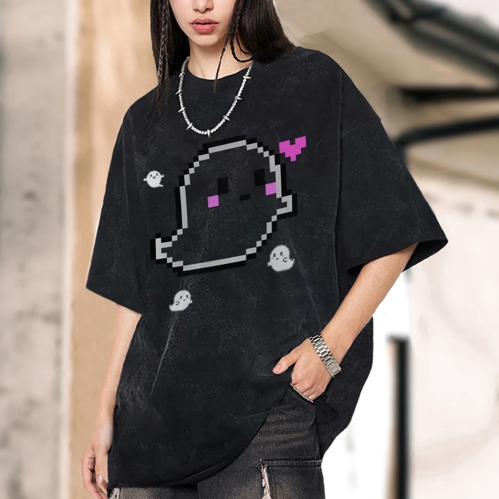 Cute Ghost Graphic Print TShirt Japanese Streetwear Shirts Cartoon Casual Loose Washed Tee American Vintage Y2k Shirts for Women