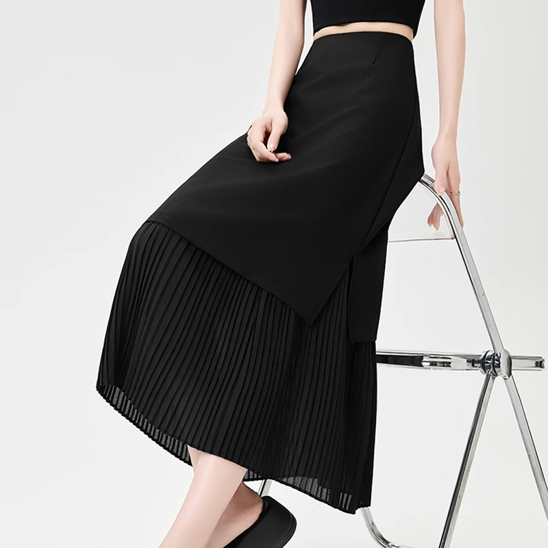 Femmes mode mousseline de soie Patchwork plissé côté fente jupe Midi Vintage taille haute femme Chic bureau dame a-ligne jupes