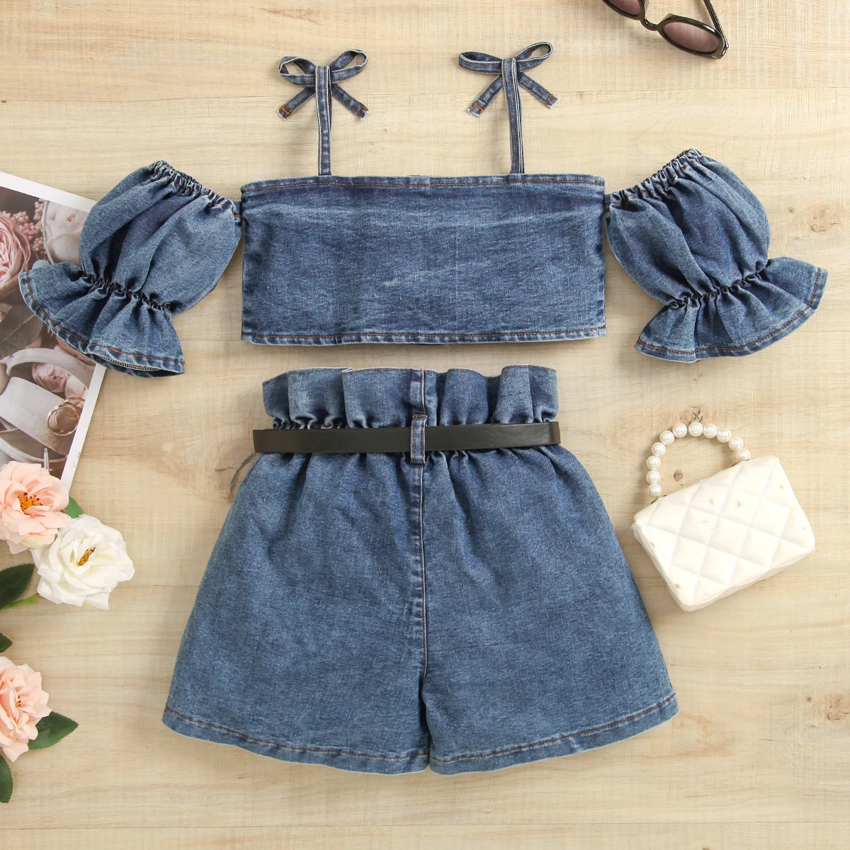 Fashion Style Girl Strap Cute Bow Top With Ruffled Floral Denim Shorts Suit With Belt