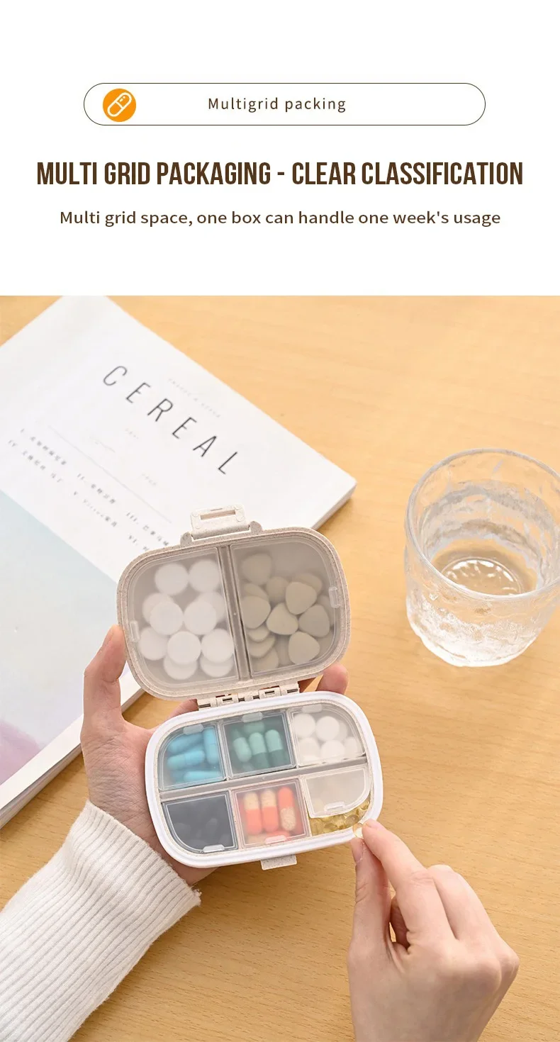 Kompakter wöchentlicher Pillen-Organizer, tragbare minimalistische Reise-Medizinbox, täglicher Aufbewahrungsbehälter für Tabletten und Vitamine – Detail 4