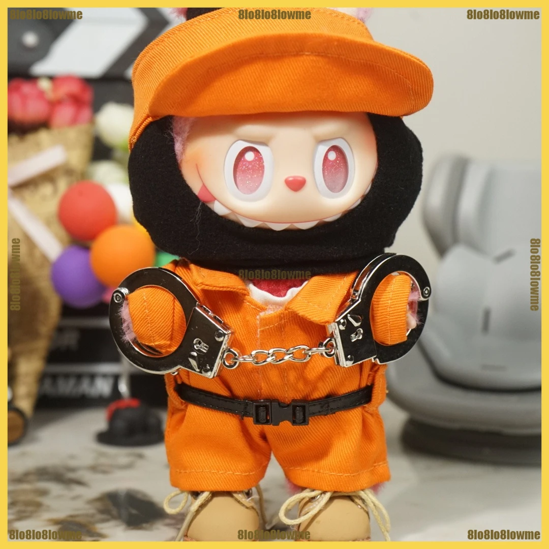 

New Trendy Labubu Clothes Funny Orange Prisoner Handcuffs 5-piece Outfit Mini Plush Doll Clothing Fashion Doll Accessories
