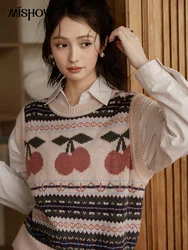 MISHOW Vintage Knitted Vest Cotton Wool 2024 Autumn Sweet Cherry Jacquard Weave Sleeveless Sweater Loose O Neck Tops MXD42Z0737