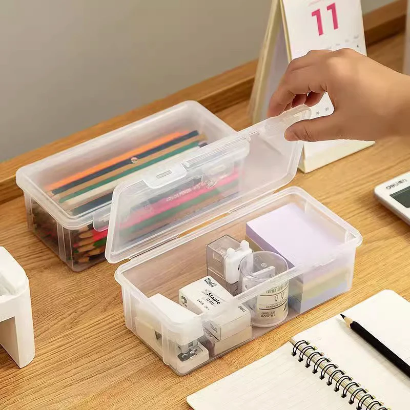 1PC Storage Organizer Box Large Capacity Plastic Pencil Box Stackable Translucent Clear Pen Box Office Supplies