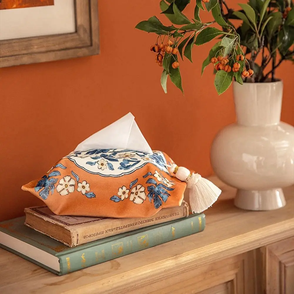 

Elegant 18x24cm Short Plush Tissue Bag American Floral Tissue Box Holder Cotton Tassels Rectangle Napkin Paper Box Bedroom