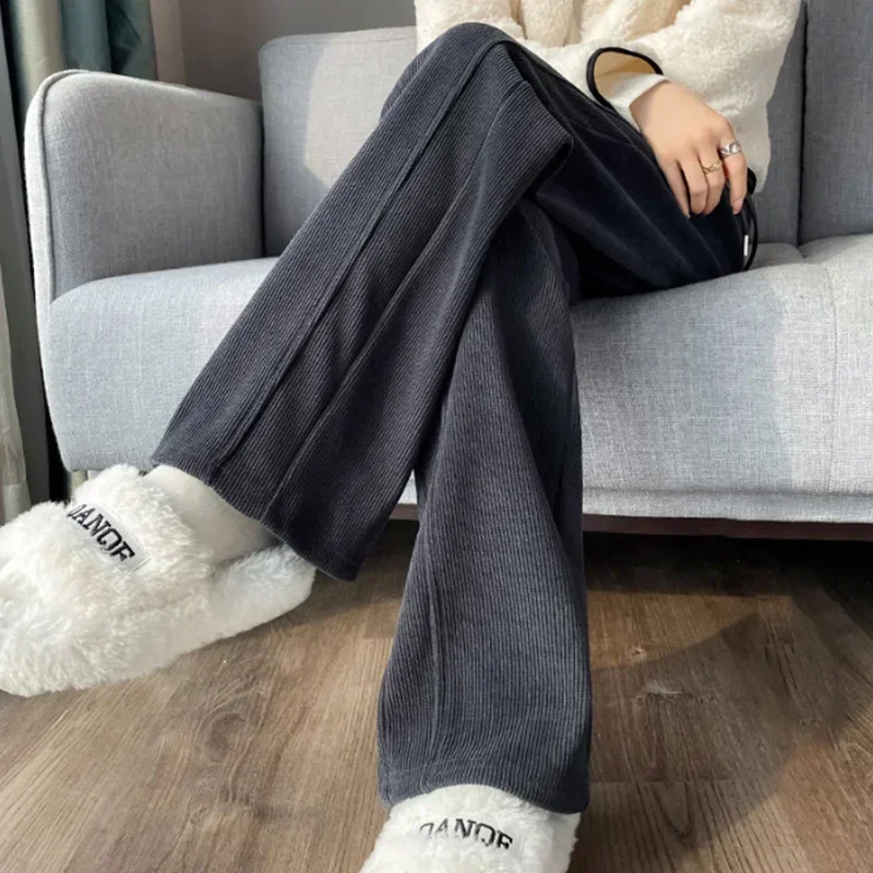 2024 Women Winter Retro Style Comfortable High Waisted Long Pants Lady Chic Leisure Wide Leg Straight Leg Plush Thermal Trousers