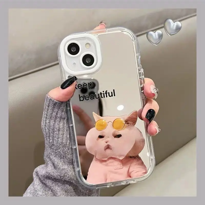 Funny Cats Dogs Cute Animal Makeup Mirror Case For iPhone 16 15 13 14 Pro Max 11 12 X XR XSMAX Silicone Hard Back Cover Capa Y2k