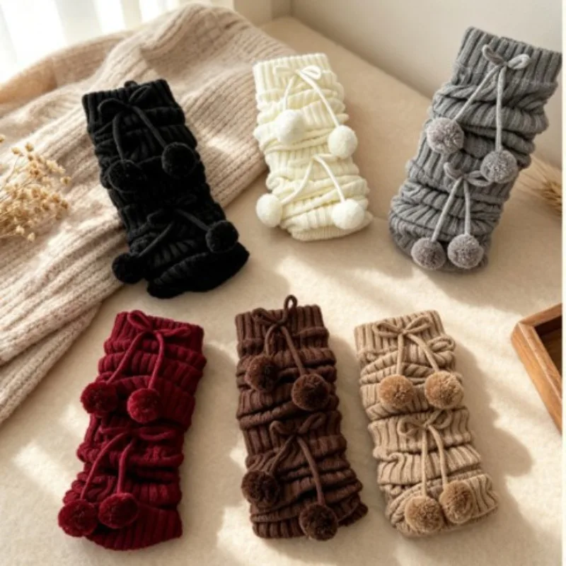 Pom‑pom Bow Drawstring Knit Leg Warmers Y2K Sweet Lolita Slouch Footless Calf Boot Cuffs Stacked Sock Covers for Women Girls