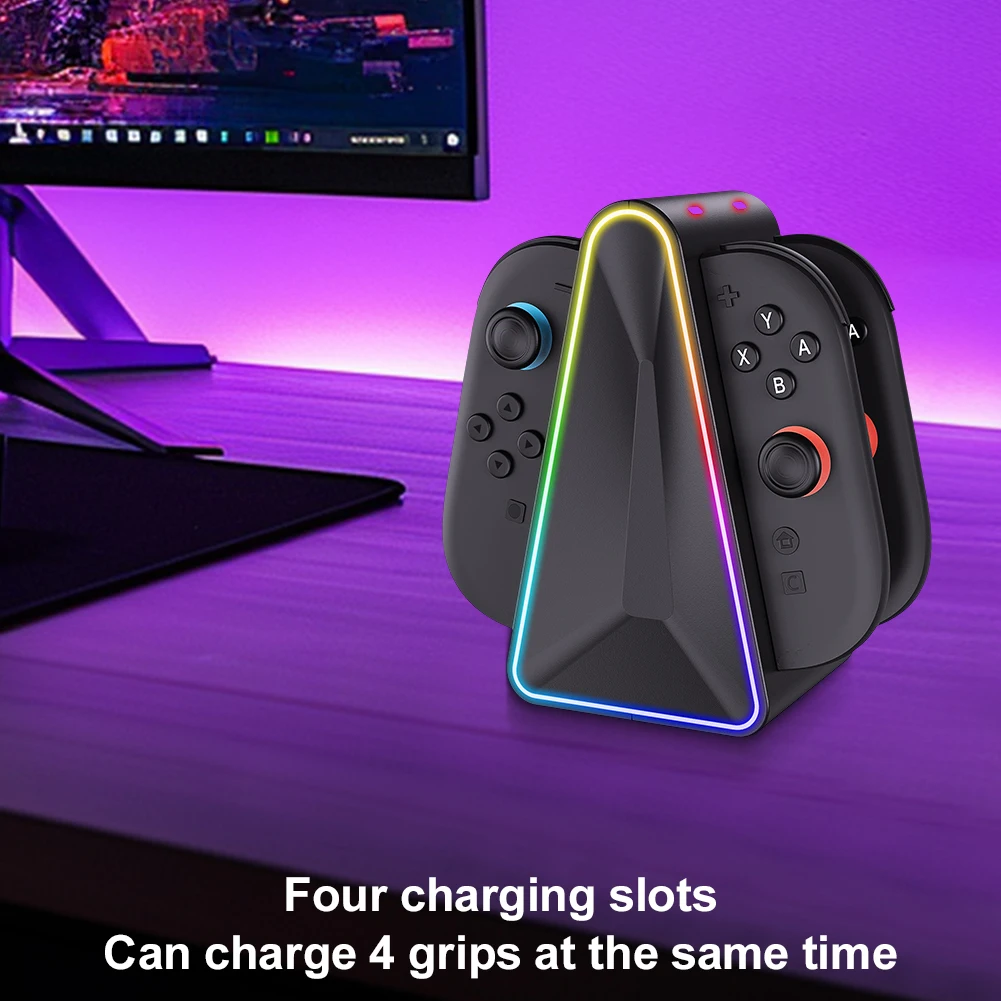 4 في 1 جهاز شحن RGB مقبض الضوء المحيط شاحن قاعدة شحن مثلث الشكل مقبض صغير قاعدة شحن لملحقات NS