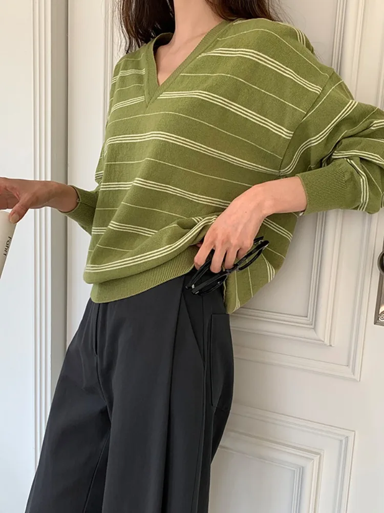 Chic automne rayé tricots v-ne ample longue Sve couche de Base col décontracté femmes Faion printemps automne saisonnier