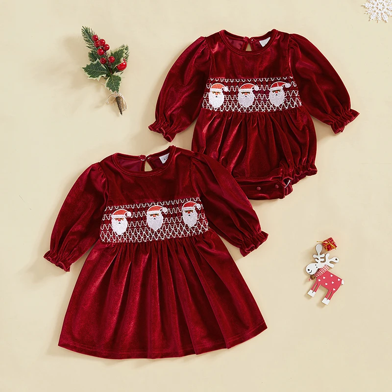 

Suefunskry Baby Girl Christmas Romper/Dress Sister Matching Santa Claus Embroidery O-Neck Long Sleeve A-Line Dress Jumpsuit