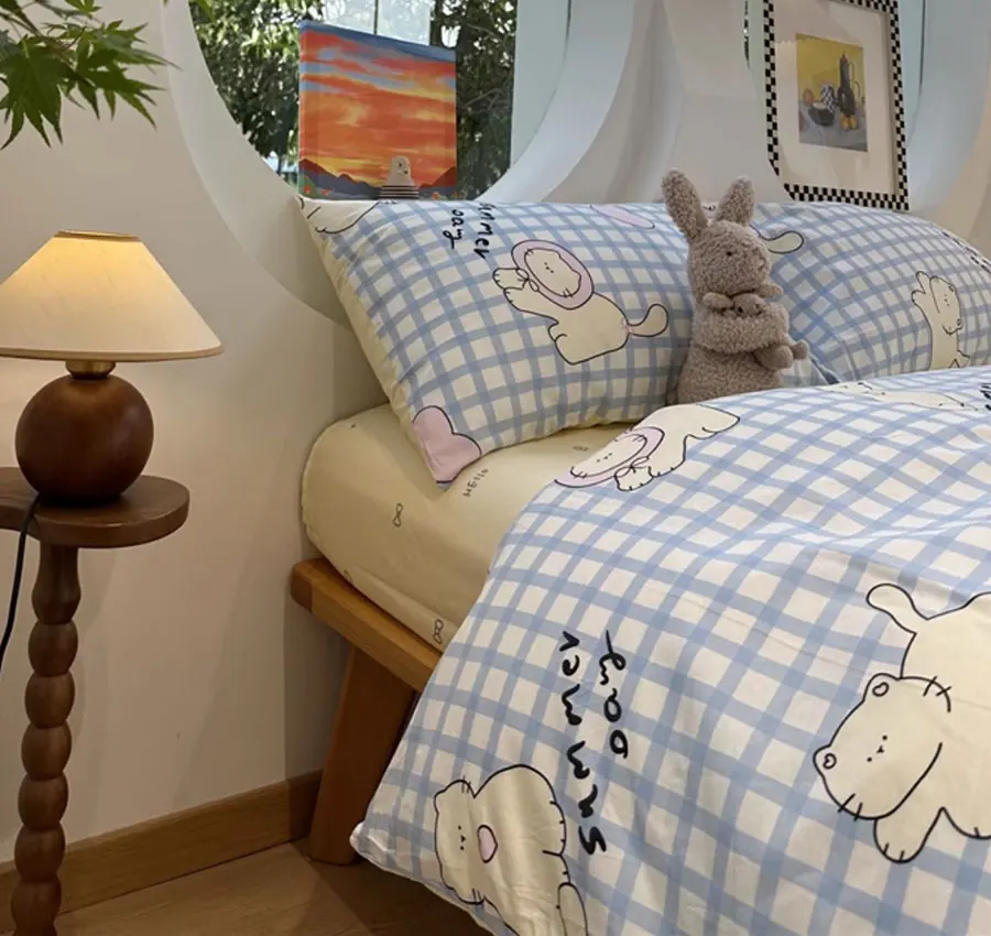 Cute cat blue plaid bedding set single double teen,twin full queen lovely cotton home textile bed sheet pillow case quilt cover