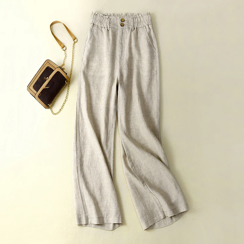면 린넨 컬러 캐주얼 팬츠 엘라스틱 웨이스트 투 버튼 와이드 레그 하이 웨이스트 여성 루즈핏 아젤 린넨 롱 썸머