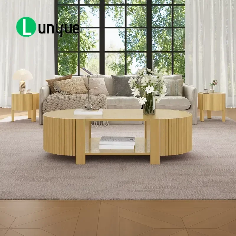 3 Piece Living Room Dining Table Set with 1 Coffee Table and 2 Side Tables Rubber Solid Wood Soft Closing Doors Natural Color