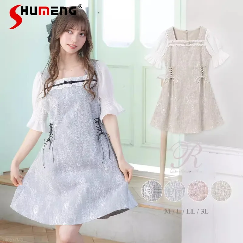 

Summer New Short Sleeved Dresses Japanese Style Square Collar Lace Up Tight Waist Dress Lace Stitching Lolita Cute Sweet Vestido