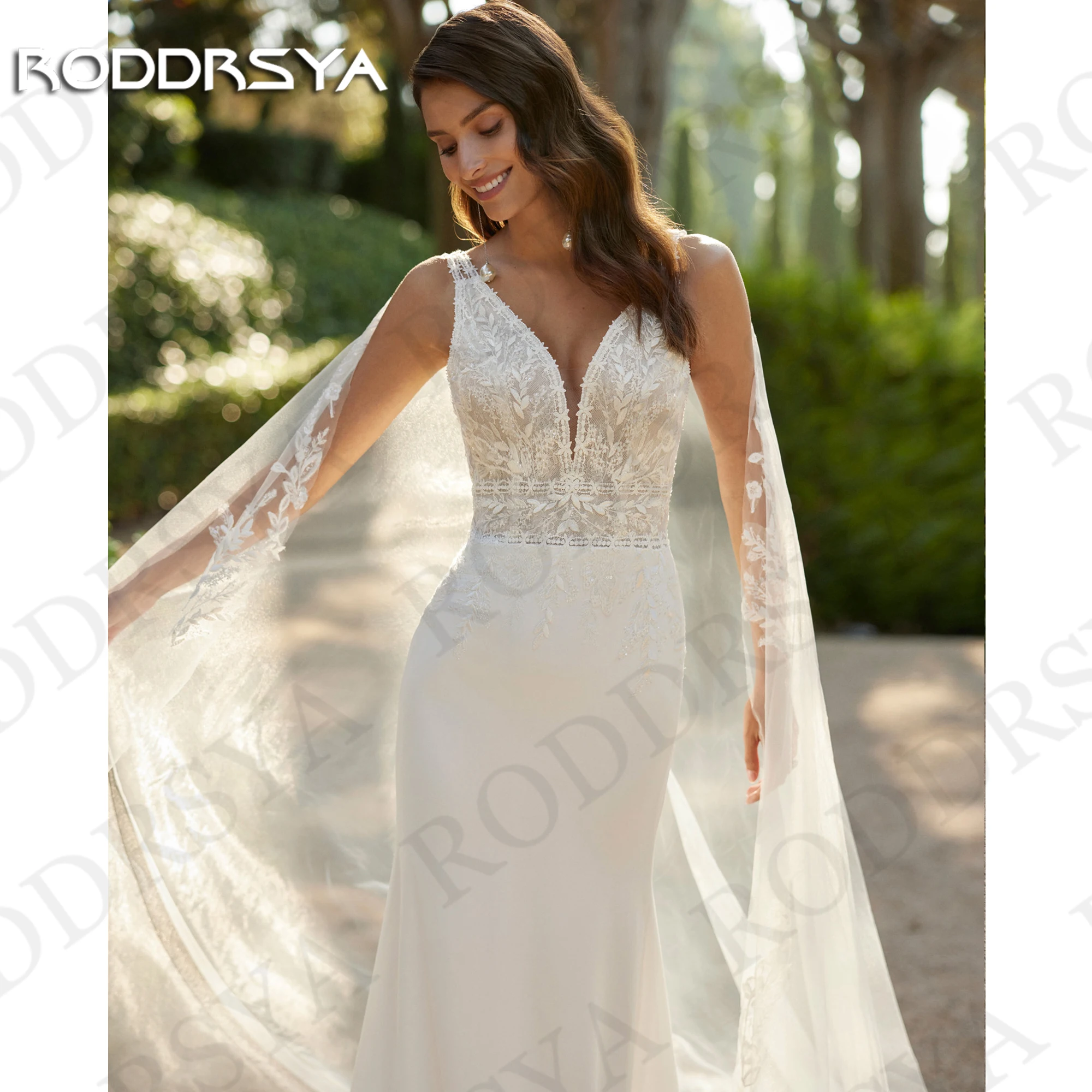 RODDRSYA Modern V Neck Wedding Dress with Shawl Backless Mermaid Bridal Dresses Appliques Tank Sleeveless vestidos novias boda