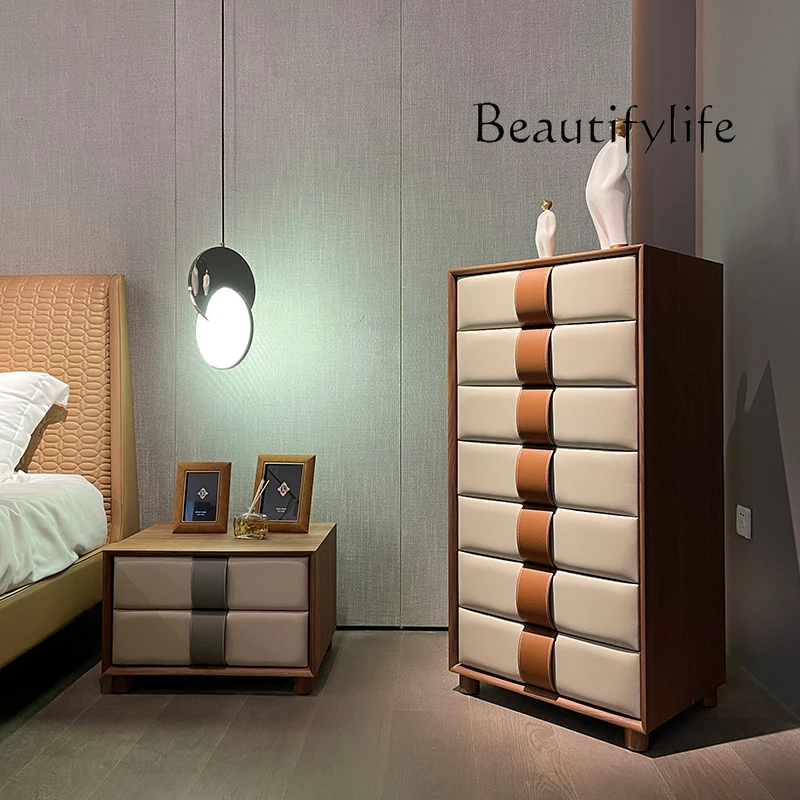 Italian-Style Light Luxury Saddle Leather Chest of Drawers Minimalist Bedroom and Household Walnut Drawer Locker