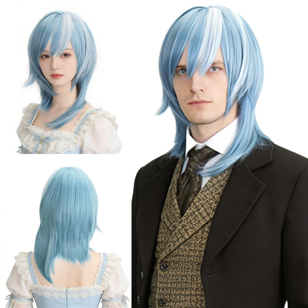 

Unisex Eula Cosplay Wig Blue White Highlight Medium Length Mullet Heat Resistant Synthetic Hair For Comic Con Party Halloween
