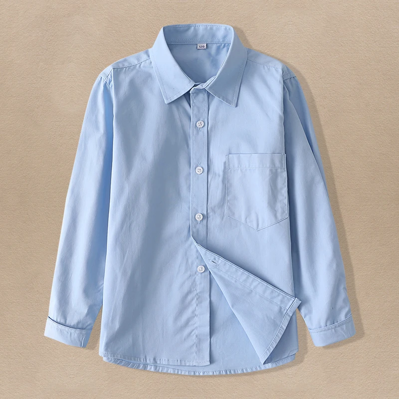 Kids Blue Shirts for Girls School Uniform Blouses for Boy Long Sleeve Preppy Style Cotton Children Clothes Vestidos 6 8 10 14 Y