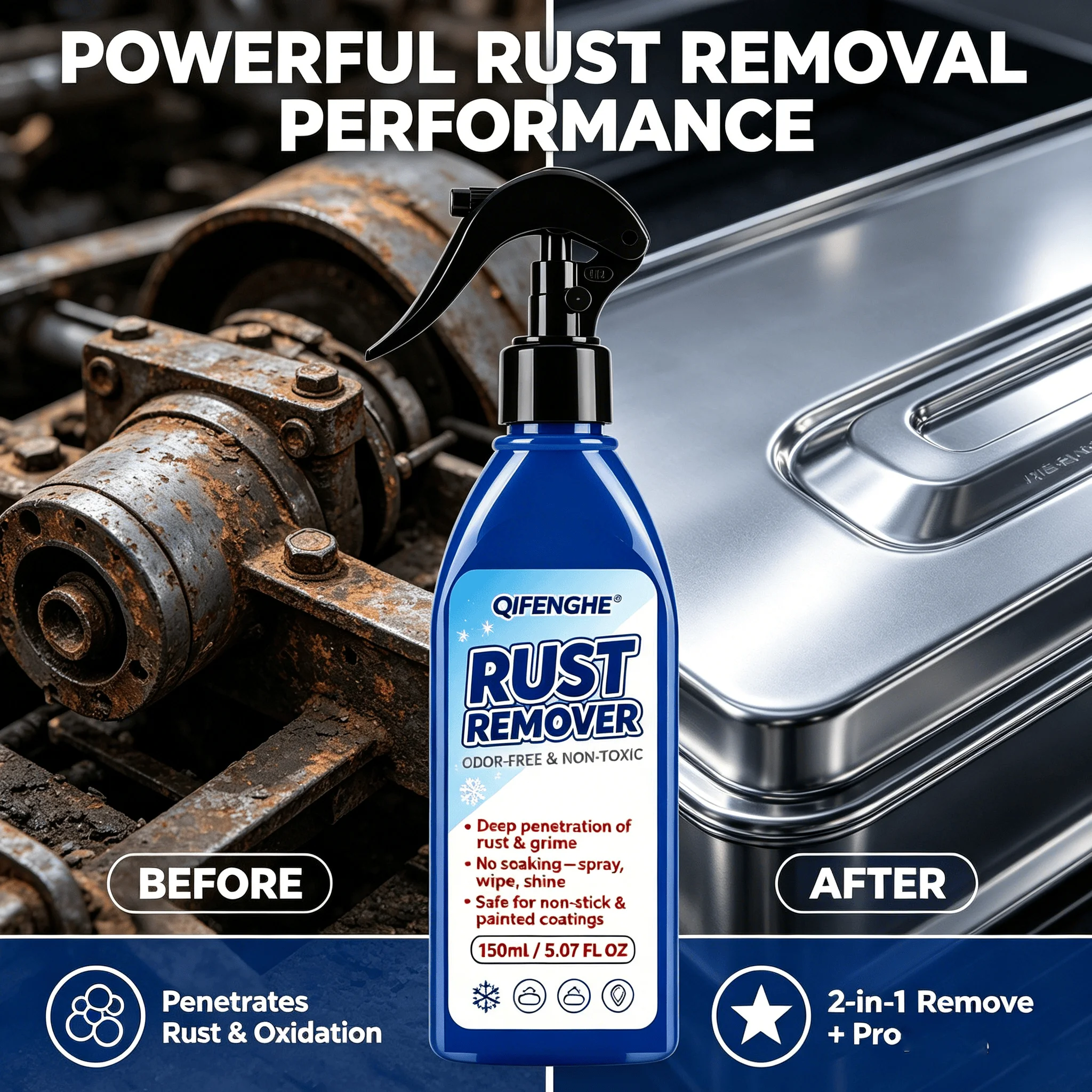Instant Rust Remover Spray – For Car Brakes, Wheels, Hinges – Non-Corrosive, Restores Shine, No Scrubbing – 150ml