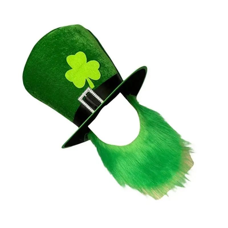 

39BB StPatrick Day Celebration Hat Shamrock Beard Hat Festival Headwear Party Supply