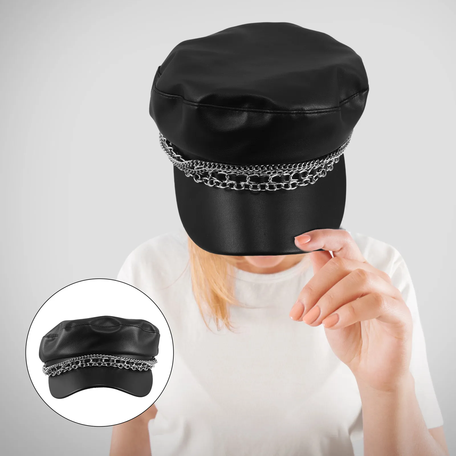 

Женская кепка-фидлер из ПУ, черная, с плоским верхом, коротким козырьком, регулируемая, влагопоглощающая, в стиле Newsboy, для вечеринок и встреч, с двойной цепочкой