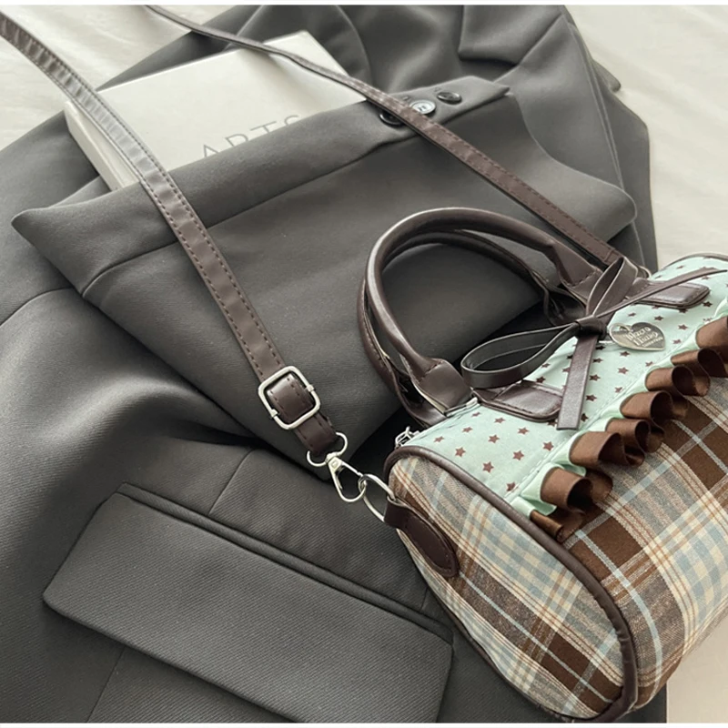 Koreanische Bogen Polka Dot Tasche Mode Bowler Tasche Farbe-blockiert Spitze Y2k Stil Handtasche Retro Süße Plaid Crossbody Zipper schulter Tasche – Detail 17
