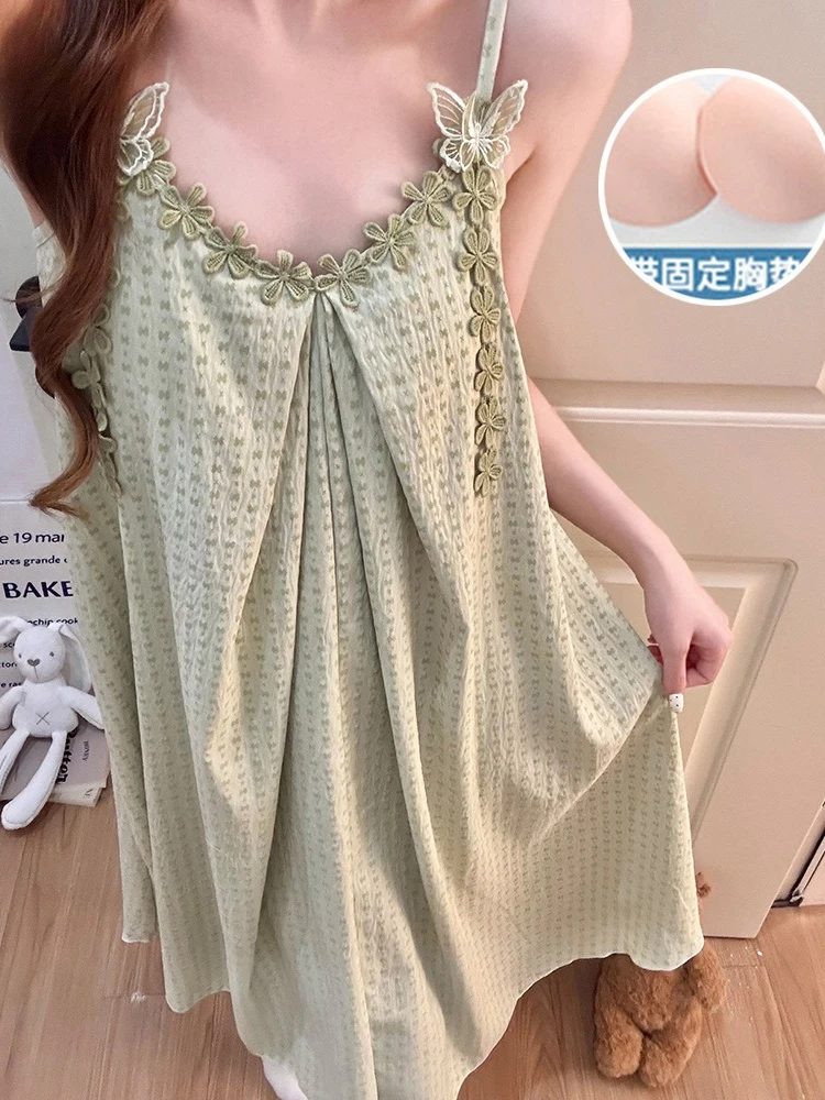 Sweet Pajamas Dress with Chest Pads Women Summer Korean Princess Style Suspender Nightgown Looose Loungewear Can Be Worn Outside