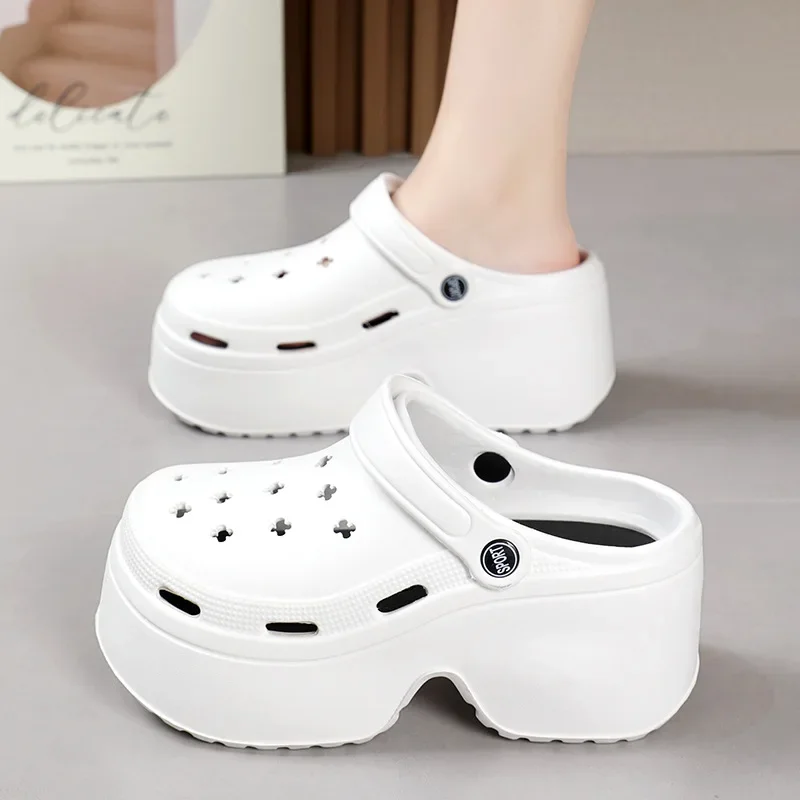 8CM Thick Women's Sandals 2024 New Summer Slippers High Heel Soft Sole Beach Garden Shoes Outdoor Waterproof Women's Hole Shoes