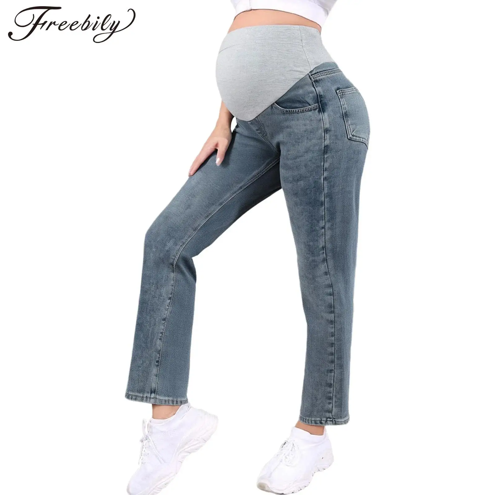 

Джинсы для беременных Джинсовые брюки с поддержкой живота Широкие брюки с высокой талией и карманами Офисная работа Повседневная одежда для беременных