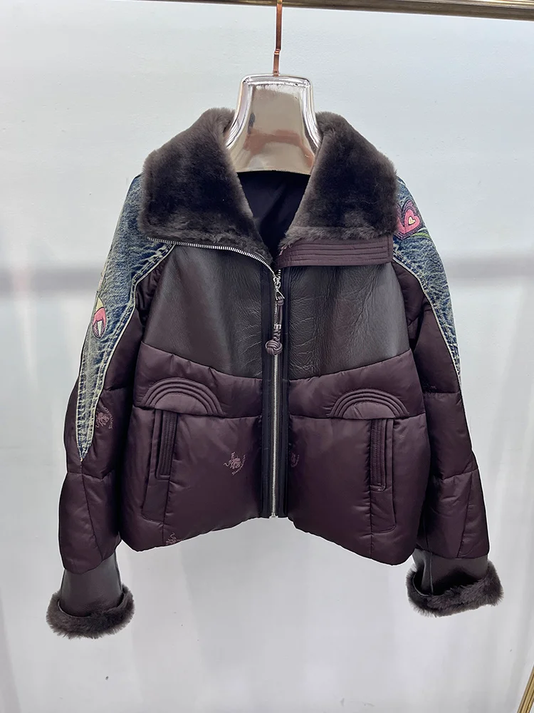 

New Winter Women's Natural RealMerino Sheep Fur Denim Jacket Outwear Luxury Female Coats Goose Down Jacket