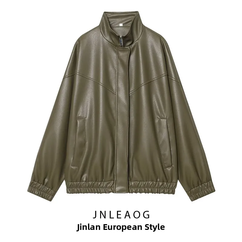 

Faionable Stand Collar Pilot Jaet Coat Women's Autumn New Sle JNLEAOG 30027 PU Leather Long Sve Zipper Closure