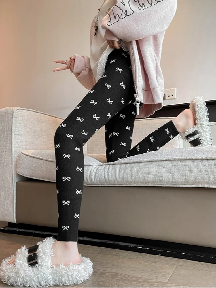 SMTHMA โบว์พิมพ์ถักเลกกิ้งสำหรับผู้หญิงฤดูใบไม้ร่วงฤดูหนาว 2025 ใหม่เอวสูงรัดรูปยืดหยุ่นสำหรับสวมใส่ด้านนอก