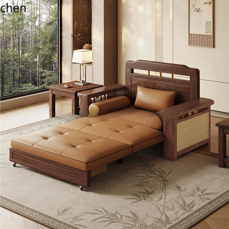 

DSA Black Walnut Sofa Bed , Solid Wood Foldable Dual-use Sofa, Extendable Sitting and Sleeping Multi-functional Pull-out Bed