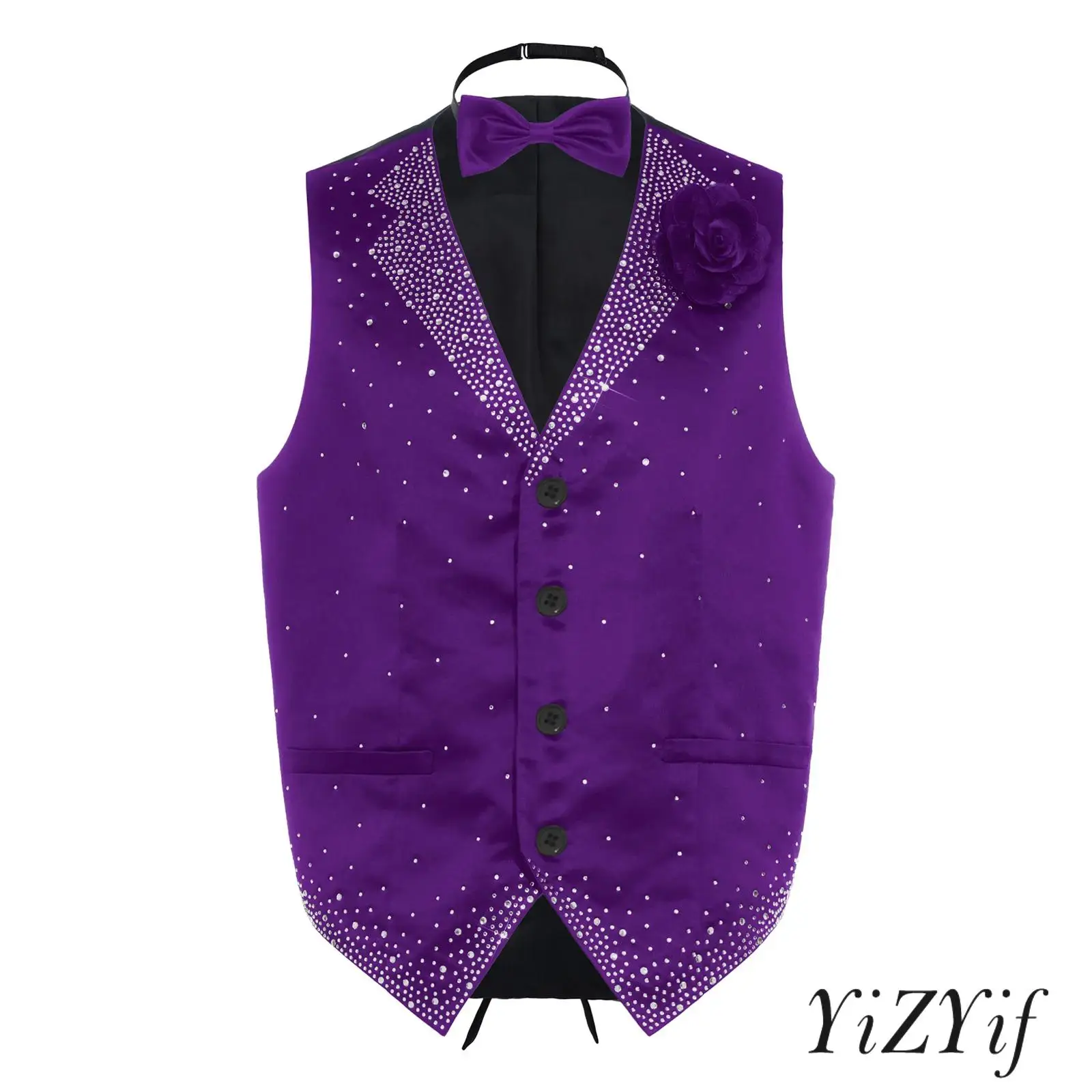 

Men Rhinestone Waistcoat with Bowtie and 3D Flower Brooch V Neck Sleeveless Pointed Hem Vest Formal Tank for Cocktails Wedding