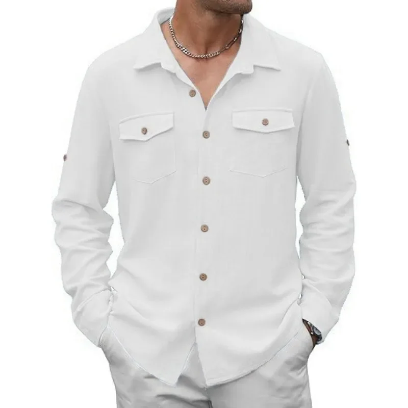 قميص طويل الأكمام كاجوال Vaion موضة النمط الياباني قميص رجالي جديد جيب مزدوج من القطن والكتان #1