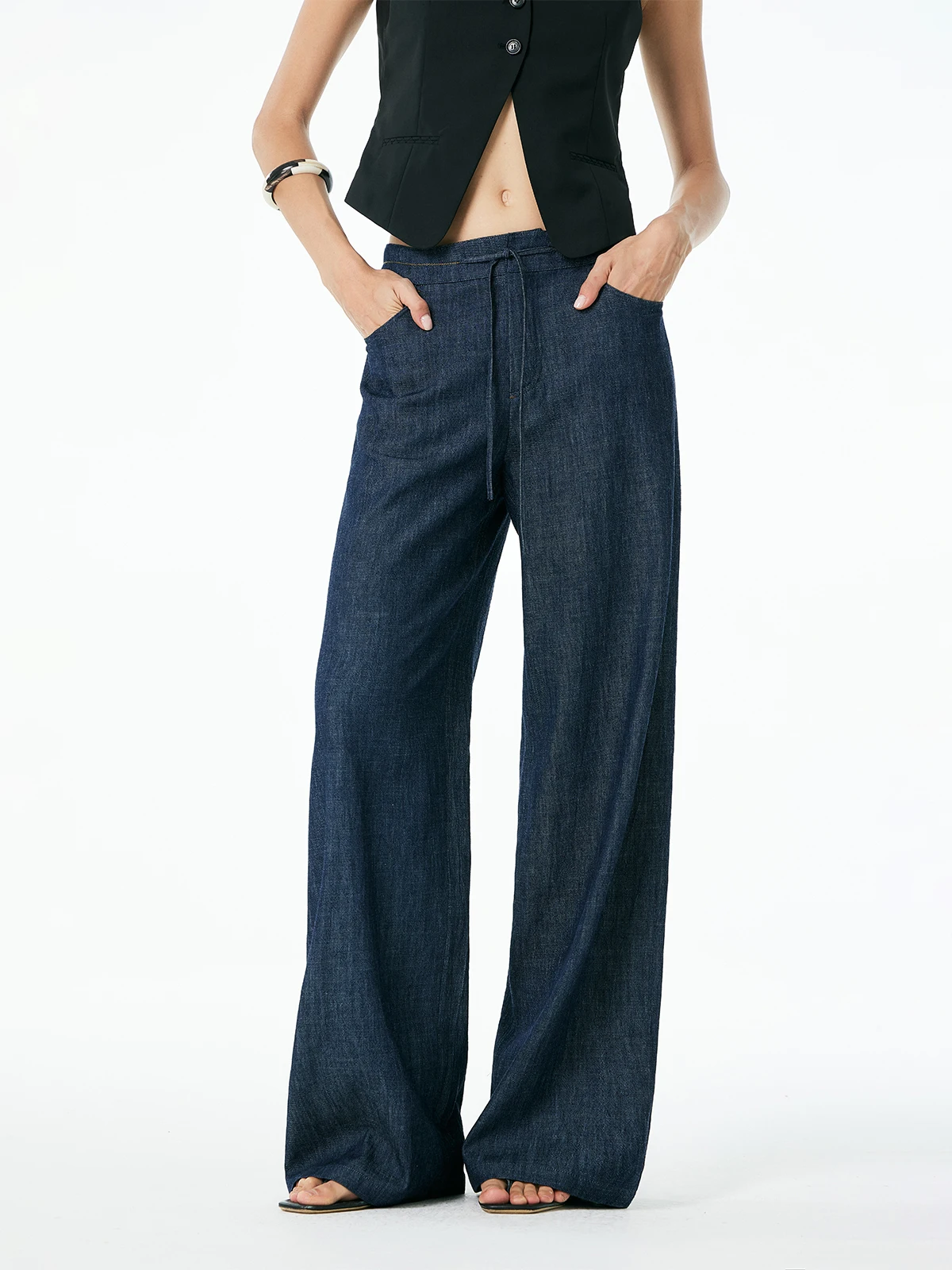

Thoransaura Straight Leg Drawstring Color Block Cotton Linen Trousers Natural Waist Long Pants Simple Commute Style Summer 2025