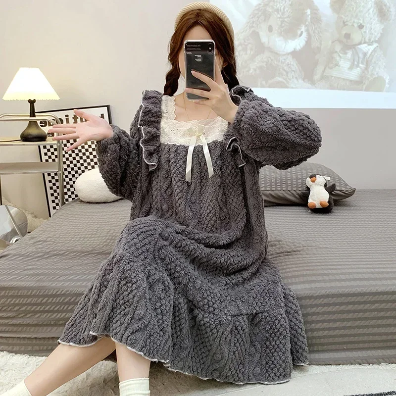 2026 Winter Plus Size Long Sleeve Thick Warm Flannel Nightgowns for Women Coral Fleece Sleepwear Night Dress Nightdress Nighty