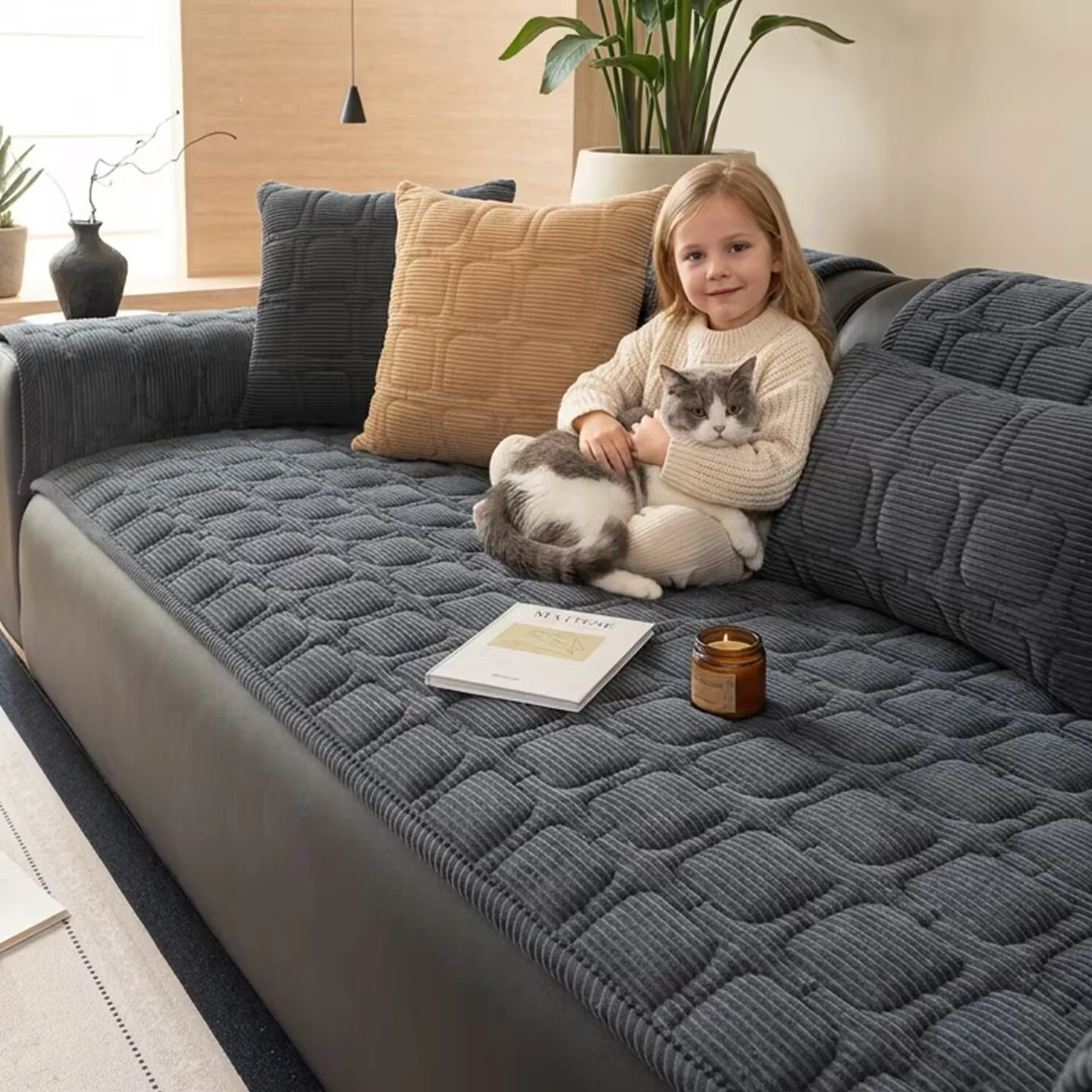 Thicken Corduroy Sofa Cushion Non-Slip Anti-Static Seat Pad Cover Non-Scratched Couch Protector Living Room Dustproof Slipcover