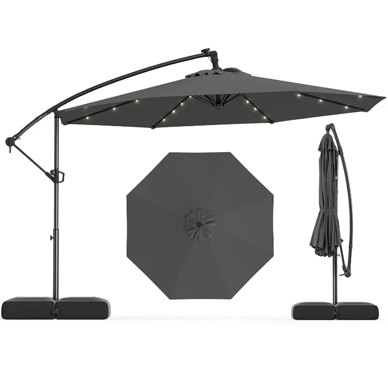 10ft Solar Patio Umbrella with Base Included, Offset Cantilever Outdoor Umbrella with 32 LED Lights, Infinite Tilt,