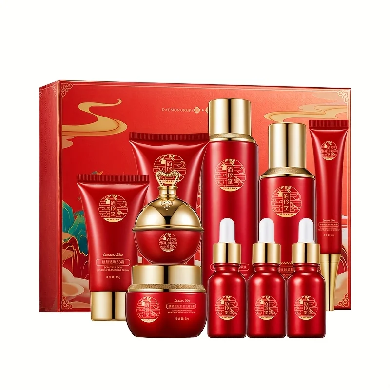 Qilin Jie Fu Yan Qin Run Ten-Piece Set of Hydrating and Moisturizing Facial Skincare Products, Containing a Variety of Herbal Extracts, with a Soft and Delicate Texture, Lightweight and Breathable, Skin-Friendly and Easy to Absorb, Working in Layers to Penetrate Deep into the Skin's Base to Hydrate and Lock in Moisture, Leaving the Skin Elastic, Smooth, and Translucent Facial Skincare