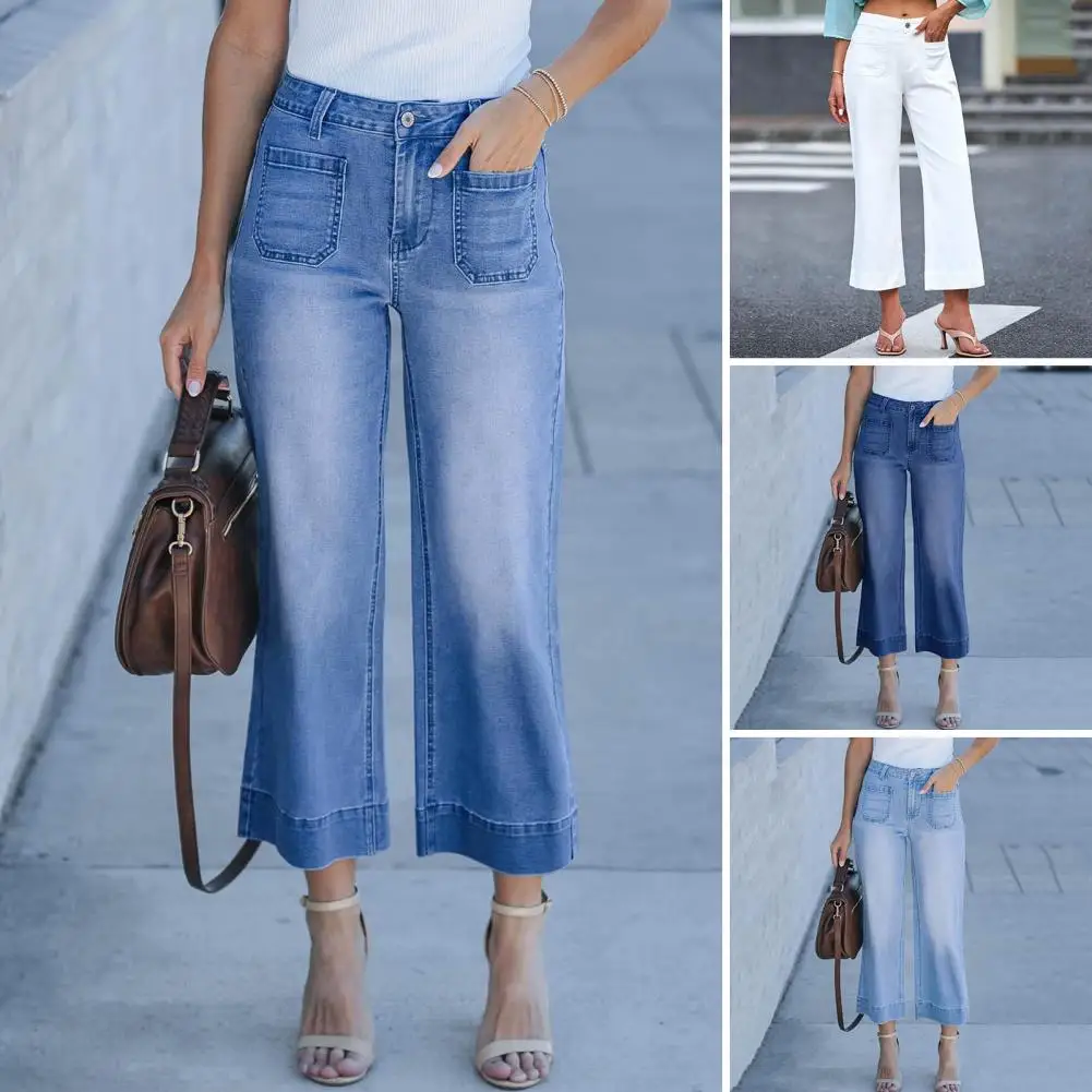 Damen jeans mit weitem Bein, stilvolle Damen hose mit hoher Taille und weitem Bein und Knopf verschluss taschen für den Pendel verkehr