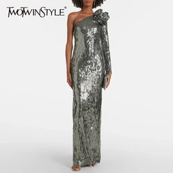 TWOTWINSTYLE Slimming Spliced Zipper Dresses For Women Diagonal Collar Single Shoulder Sleeves Patchwork Print Dress Female New