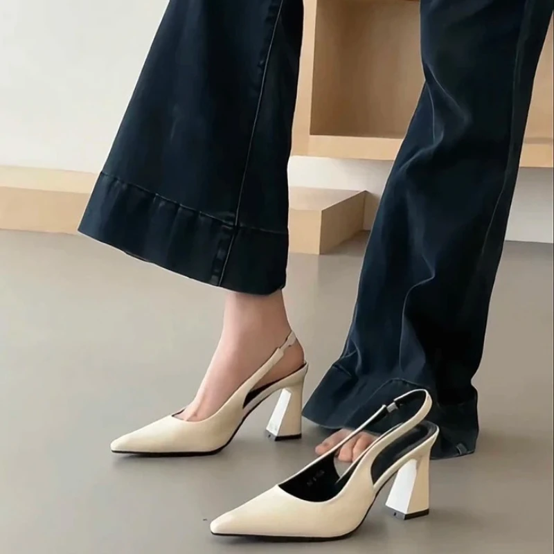 

Designer Summer Women Cover Toe Sandals Fashion Shallow Slip On Singbacks Pumps Shoes Ladies Elegant Thick Heel Dress Sandalias