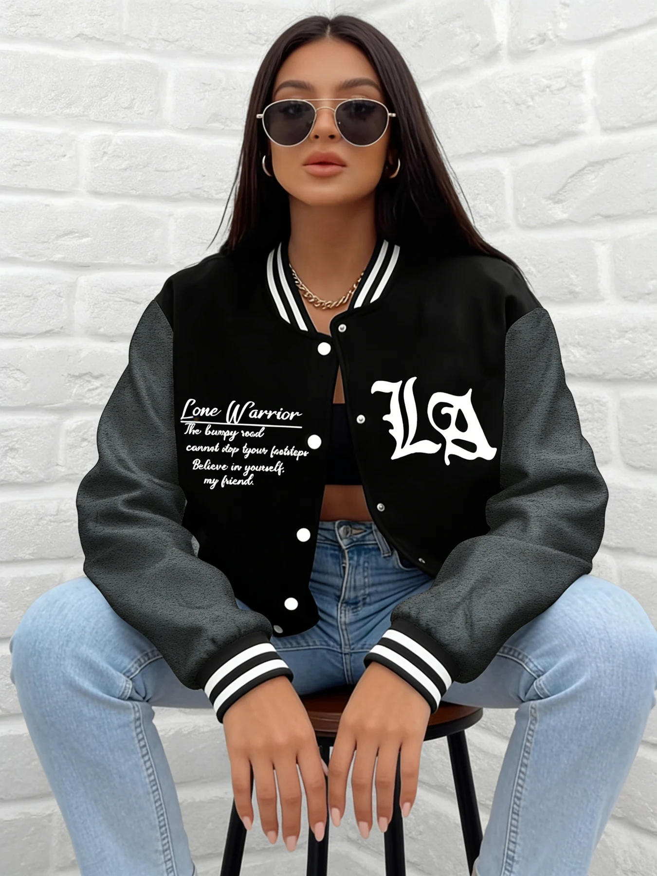 Women Lone Warrior Print Baseball Jacket LA Letter Graphic Varsity Coat Loose Fit Outerwear Casual Street Daily Wear