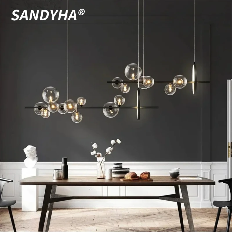 SANDYHA Modern Simple Suspension Light Metal Glass Bubbles Chandelier Dining Table Kitchen Home Decoration Lighting Fixture