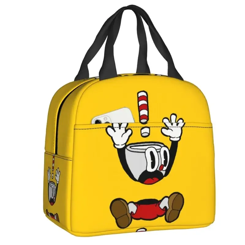 Boîtes à lunch portables Cuphead Mugman pour femmes, sac isotherme, étanche, jeu de dessin animé, sac isotherme pour aliments thermiques, travail de