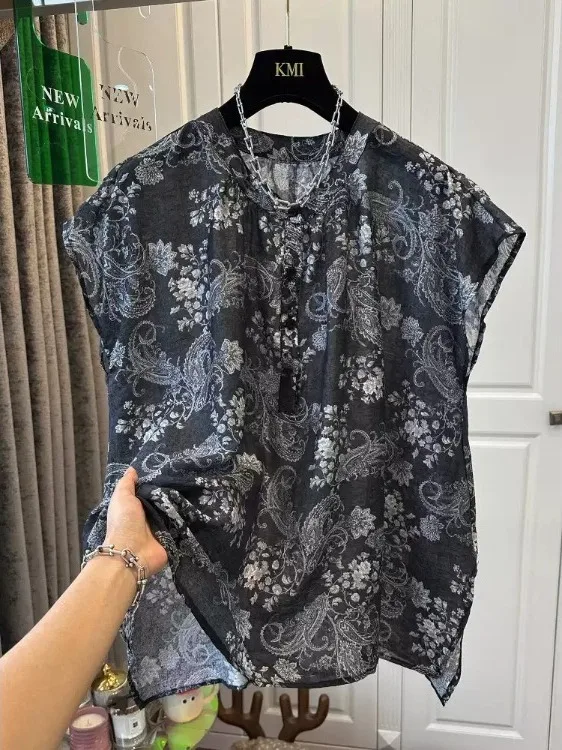 

Retro Floral Print Lightweight Svel Overhead irt plus Size Women's Casual Loose Floral Top Summer round Ne Button-Up